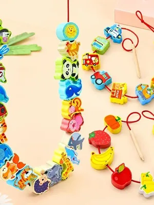 42 pcs Montessori Wooden Lacing for Kids, String Car Animals Vegetables Beads Toys, Threading Learning Toys for Toddler 3 4 5 6 Year Old Boys Girls