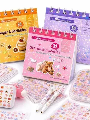 Mini Sticker Book Set – 3 Design Glitter Stickers with Tweezer, 72 Pages Each, Double Coil Binding, Cute Kawaii Transparent Stickers for Scrapbooking, Journaling, DIY, Stationery