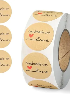 Handmade with Love Stickers Roll – 500 Pcs Round Kraft Thank You Labels for Small Business Packaging, Gift Wrap, Wedding Favors & Handmade Products