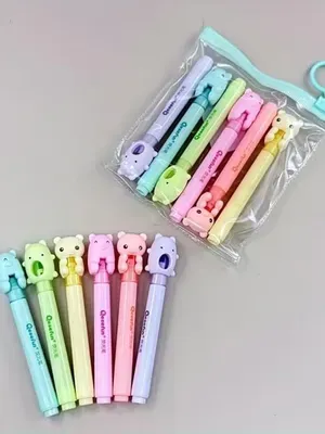 Three Cute Sisters 6-in-1 Pastel Highlighter Set – Cute Bear, Bunny & Duck Characters – Smooth Writing, Bright Colors, Mini Kawaii Highlighters with Zipper Pouch for Kids & School