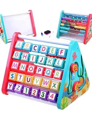 5 in 1 Activity Triangle Center Cube Alphabet Blocks, Abacus Clock, Writing Board Counting Beads Assembly Toys for Babies Montessori Learning Toy for Kids