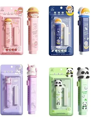 4 Pcs Cartoon Shaped Erasers Push Pull Design Retractable Erasers Pastel Aesthetic Pencil Eraser Cute Rubber for Kids Students School Office Stationery - + + +
