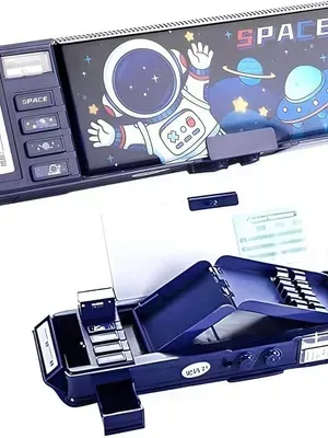 Multifunctional School Pencil Box with Calculator Cute Cartoon Stationary Compass for Boys Geometry Kids with Inbuilt Scissor Ruler Eraser & Sharpener Magnetic Box Best Gifts (Password Lock MSC Space)