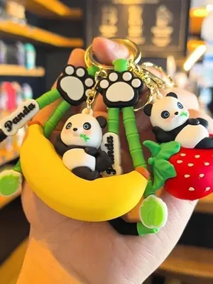 2 Pcs Cute Panda Fruit Keychain – Kawaii Cartoon Fruit Key Ring for Keys, Bags & Backpacks | Silicone Panda Keychain Charm with Banana, Strawberry & Watermelon Design for Kids