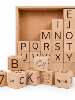 4-in-1 Wooden Learning Block Set | Alphabet, Numbers, Words & Picture Blocks | Montessori Educational Toy | Natural Wooden ABC Blocks | Age 3+