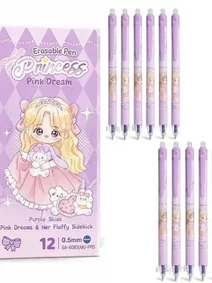 Panda Theme Erasable Gel Pen Set 0.5mm Blue Ink | Cute Cartoon Writing Pens with Eraser Tip | Smooth Writing School, Exam, Office & Kids Stationery | Set of 12 (Princess Pen Set)