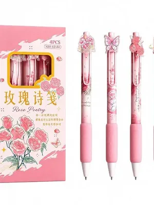 Rose Poetry Gel Pen Set of 4 | Cute Floral & Butterfly Design Pens | 0.5mm Fine Tip | Soft Grip Smooth Writing Pens | Aesthetic Stationery for School, College, Office & Gift for Girls