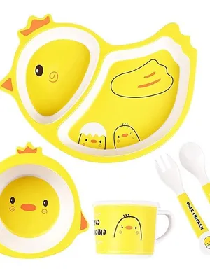 5-Piece Bamboo Dinnerware Set for Baby & Toddler – Plate, Bowl, Cup & Spoon, Eco-Friendly, BPA-Free, Dishwasher Safe Feeding Set, Gift for Kids (Bird)