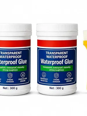 Transparent Waterproof Glue with Brush | Self-Leveling Formula | Dries Crystal Clear with Brush-Mark-Free Glossy Finish | Sealant for Roof, Wall Cracks, Bathroom & Tiles 300 GM (Pack of 2)