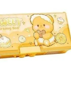 Kawaii Sweet Creamy Bear Compass Box Combo for Kids – Double Layer Pencil Box with Password Lock, Sharpener, Calendar, Timetable & Push Pull Eraser