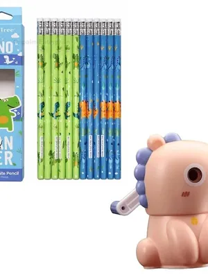 Automatic Pencil Sharpener for Kids, Battery Operated with Dust Box, Cartoon Astronaut Design, for School, Home, Office & Return Gifts (Dino Sharpener + Pencil Box)