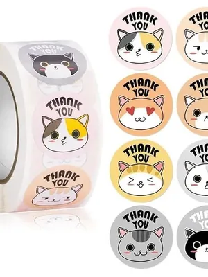 1500 Pcs Watercolor Thank You Cat Sticker Round Thank You Cat Adhesive Sticker for Small Business Wedding Supplies Packing Stickers Gift Wrap(3 Thank You Cat Stickers)