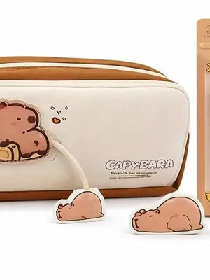 Cute Capybara Pencil Pouch with Rope Pull Zipper, Large Capacity Pen Case, Waterproof PU & Fabric Material, Smooth Metal Zipper, Kawaii School Stationery Organizer