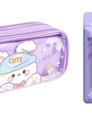 Cute Purple Pencil Pouch with Clear Front & Baby Bunny Print + Unicorn Eraser Set Large Capacity Zipper Stationery Bag for Kids, School Students | Supplies (Baby Bunnies Pouch + Eraser)