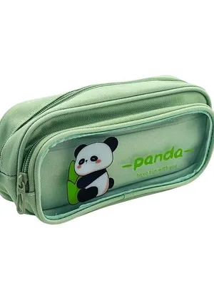 Cute Cartoon Pencil Pouch with Double Zipper & Transparent Window, Large Capacity Fabric Pen Case for School, Office, Students, Kids & Teens (Panda Have Fun with You Green Pouch)