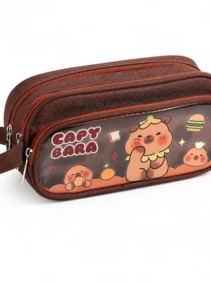Large Capacity Pencil Pouch for School Kids, 3 Compartments, Transparent Front Pocket Cartoon Design, Durable Zipper Case with Carry Strap, Cute Astronaut Pen Pouch for Boys & Girls - Capybara