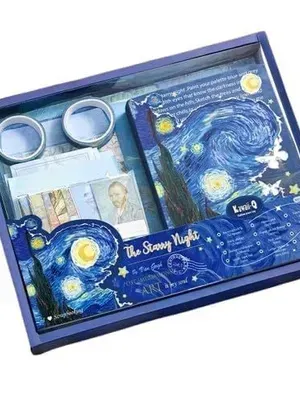 Zqiue Vintage Oil Painting A6 Grid Notebook for Junk Journal Aesthetic Scrapbook Kit with Scrapbook Stickers Washi Tapes - The Strrry Night
