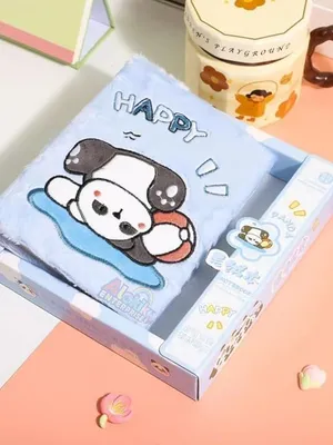 Cute Panda Plush Notebook A5 Soft Furry Diary for Kids Girls Boys, Panda Embroidered Fluffy Cover Journal, Daily Planner To-Do Writing Notebook Gift for School & Personal Use (Happy Panda)
