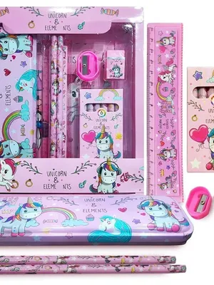 Cartoon Printed Stationary Kit for Boys and Girls Pencil Pen Book Eraser Sharpener - Stationary Kit Set for Girls/Birthday Gift for Kids(Multi Color) (Unicorn Pencil Box)