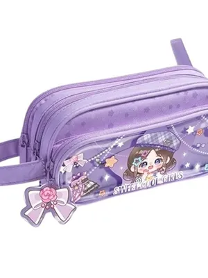 Canvas Large Capacity Transparent Cartoon Print Pencil Case 3 Compartment Cute Aesthetic for Girls Multifunctional Stationery Pouch for School, Lavender (Sweet and Cool Nini)