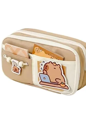 Cute Cartoon Pencil Pouch for Girls & Boys with Removable Patch, Large Capacity Multi-Compartment Pen Case, Aesthetic Zipper Stationery Organizer for School, College & Office (Capybara Bear, 4)