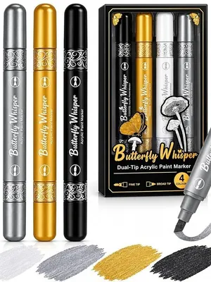 Butterfly Whisper Metallic Paint Markers Dual Tip–Acrylic Marker Set-4 color(White,Silver,Gold,Black) Fine & Brush Tip Pens for Rock Painting,Scrapbooking,DIY Crafts & Dark Paper (Pack of 1)