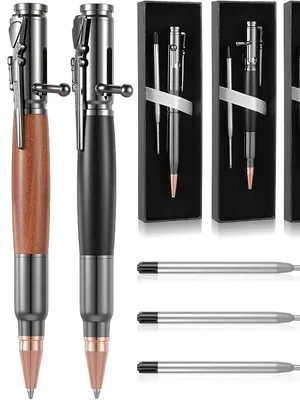 Luxury Bolt Action Pen with Solid Brass & Wood Body And 1 Piece Ink Refill Extra Smooth Writing Refillable Ink Pen, Tactical Side Clip, Gift Box for Office (3 Pcs Bolt Action Pen)