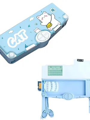 Plastic Cat Theme Multifunctional Space Theme Pencil Box for Kids,Cartoon Pattern Stationery Set with Pop Out Scissors and Pencil Sharpener Box for Girls & Boys,Blue - Cat Theme Compass Box 1