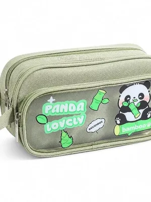 Large Capacity Pencil Pouch for School Kids, 3 Compartments, Front Pocket Cartoon Design, Durable Zipper Case with Carry Strap, Cute Astronaut Pen Pouch for Boys & Girls - Lovely Panda