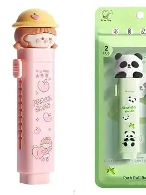 2 Pcs Cartoon Shaped Cute Erasers Push Pull Design Retractable Erasers Pastel Aesthetic Pencil Eraser Cute Rubber for Kids Students School Office Stationery - +