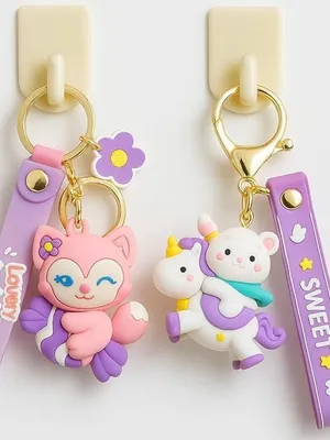Cute Cartoon Silicone Keychain Set of 4 Pcs for Girls Kids Bag Charm Gift - Unicorn & Cute Candy Fox
