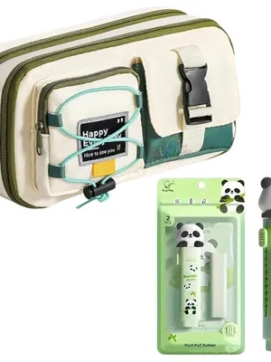 Happy Every Day Pencil Pouch for School with Cute Panda Push Pull Eraser Set, Large Capacity Aesthetic Pencil Case, Multi-Compartment Pen Organizer for Kids Girls Students