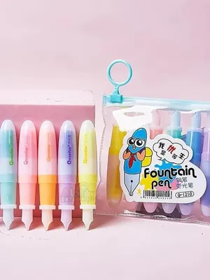 Fountain Pen Highlighter Set – 6 Pastel Colors with Smooth Fine Chisel Tips | Cute Study Highlighters for Kids, Students & Office | Kawaii Stationery with Zipper Pouch