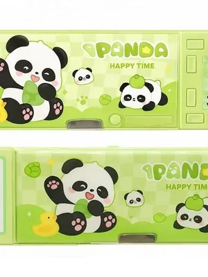 Multifunctional School Pencil Box with Calculator Cute Cartoon Stationary Compass for Boys Geometry Kids with Inbuilt Scissor Ruler Eraser & Sharpener Magnetic Box Best Gifts (Happy Panda Cl)