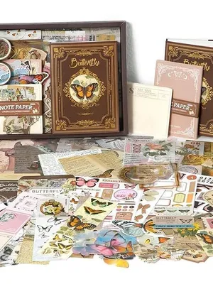 Zqiue 140-piece Diary Book Stationery Set, Butterfly Series, Collage Material, A6, System Planner Set, Sticker Book, Notebook Set, Retro Style, Cute Notebook Washi Tape - Nature Story