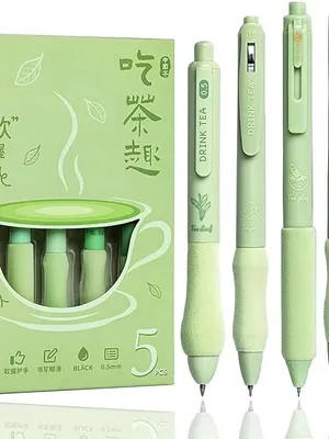 Green Floral Gel Pens, 0.5mm Fine Point Black Ink, Set of 5