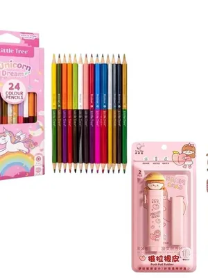24 Color Pencils Set for Kids with Regular Push Pencil Eraser (Not for Colored Pencils), Cute Space Theme Drawing Kit for School, Art Supplies for Children