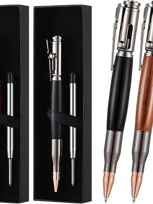 Luxury Bolt Action Pen with Solid Brass & Wood Body And 1 Piece Ink Refill Extra Smooth Writing Refillable Ink Pen, Tactical Side Clip, Gift Box for Office (2 Pcs Bolt Action Pen)