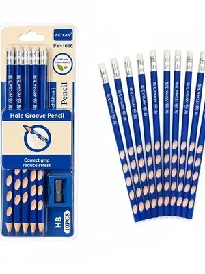 HB Pencil Set for Kids, 10 PCS HB Ergonomic Grip Pencils with Sharpener, Non-Toxic Lead-Free Writing Pencils, Handwriting Practice School Supplies (Hole)