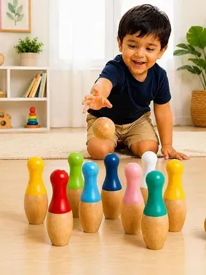 Wooden Bowling Set, 6 Character Pins - Wooden Bowling Game