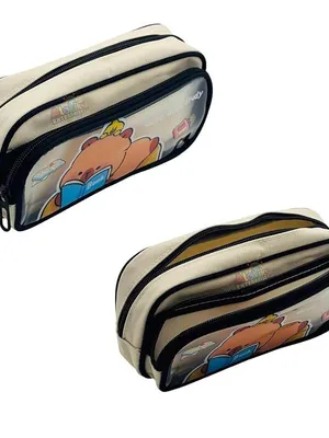 Cute Cartoon Pencil Pouch with Double Zipper & Window, Large Capacity Fabric Pen Case for School, Office, Students, Kids & Teens (Good Study Off Pouch)