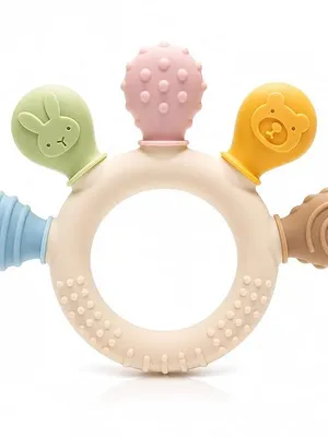 Silicone Baby Teether for 3+ Months, BPA Free Food Grade Teething Toy with Multi-Texture Chew Tips, Easy-Grip Teething Ring for Soothing Gums, Includes Storage Case