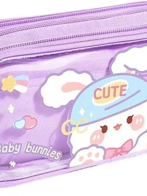 Baby Bunnies Canvas Large Capacity Cute Cartoon Print Pencil Case 3 Compartment Aesthetic Pencil Case for Girls Stationery Organizer for School Office - Baby Bunnies Pencil Pouch 1