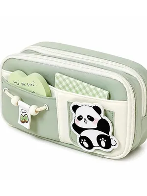 Cute Cartoon Pencil Pouch for Girls & Boys with Removable Patch, Large Capacity Multi-Compartment Pen Case, Aesthetic Zipper Stationery Organizer for School, College & Office (Cute Panda, 4)