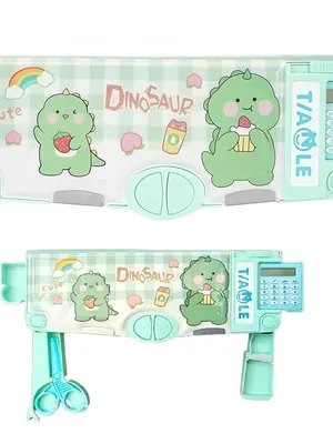 Dinosaur Calculator Multifunctional School Pencil Box Cute Cartoon Stationary Compass for Boys Girls Geometry Kids with Inbuilt Scissor Ruler Eraser&Sharpener Box Best Gift