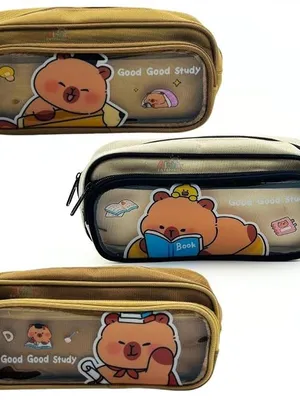 Good Study Cartoon Bear Pencil Pouch 3 Combo Set, Transparent Window Double Zipper Pen Case, Large Capacity Canvas Organizer for School, Kids, Teens & Office
