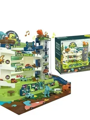 Toy Car Garage Playset, 3 Level Parking Garage Track with Electric Elevator, Lights & Music, Mini Cars & Traffic Signs, Interactive Parking Lot Toy for Kids (Dinosaur 4 Car Park Building)