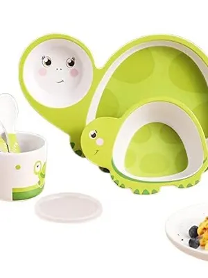 5-Piece Bamboo Dinnerware Set for Baby & Toddler – Plate, Bowl, Cup & Spoon, Eco-Friendly, BPA-Free, Dishwasher Safe Feeding Set, Gift for Kids (Turtle)