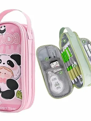 3D Cartoon Panda Double Zipper Pencil Pouch for Girls | Large Capacity Multi Layer Stationery Organizer Case with Handle for School Use - Happy Time