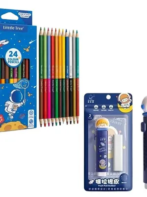 24 Color Pencils Set for Kids with Regular Push Pencil Eraser (Not for Colored Pencils), Cute Space Theme Drawing Kit for School, Art Supplies for Children